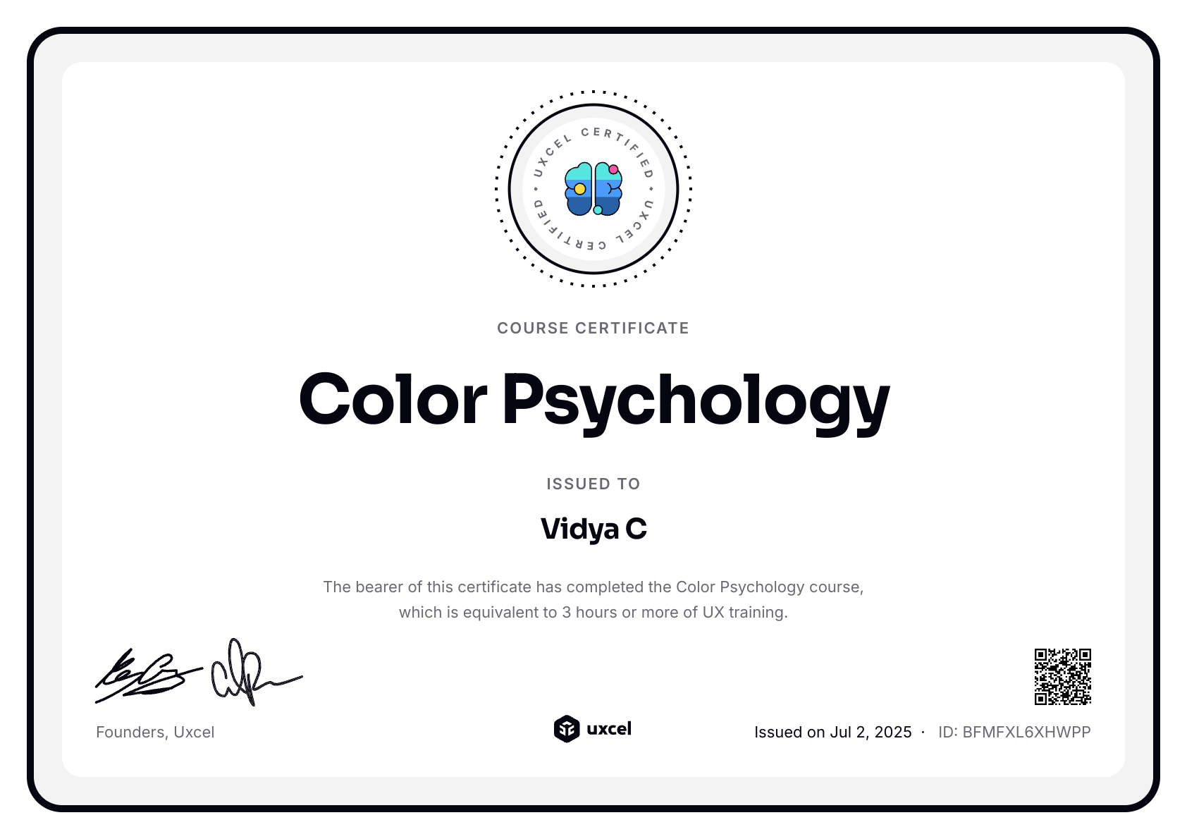 Vidya C's certificate